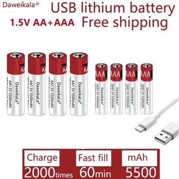 2024New AA + AAA 2021 yeni büyük kapasiteli 5500mah şarj edilebilir lityum iyon batarya AA 1.5 V USB hızlı şarj lityum iyon batarya