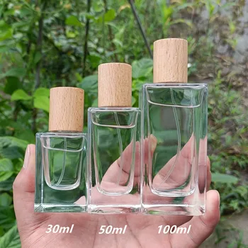 30ml / 50ml / 100ml Parfüm Şişesi Kristal Beyaz Malzeme Cam Kalın Alt Süngü High-End Sprey Ahşap Kapaklı Doldurulabilir Şişe