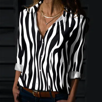 Zebra Çizgili Moda Gömlek Bayan İlkbahar Yaz Baskılı Üst Uzun Kollu V Boyun Gömlek Nefes Bluz Blusa Mujer Moda 2023