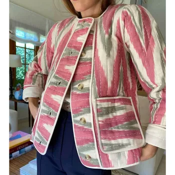 Boho Inspired Baskılı Tek Göğüslü Uzun Kollu Cep Kadın Ceket kadın pembe ceketler kadınlar için sonbahar kış yeni ceket 2024