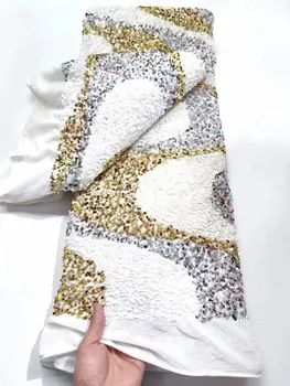 2024 Lüks Nijeryalı Kadife Dantel Kumaş Afrika dantel yüksek kaliteli dantel beyaz altın 3D pullu Fransız dantel dikişli düğün elbisesi