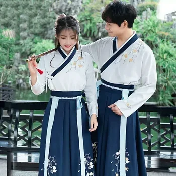 Çin elbisesi Kore Hanfu Beyaz Mavi Erkek Kadın Elbise Çin Tarzı Cosplay Nakış Kimono Geleneksel Çin Giyim
