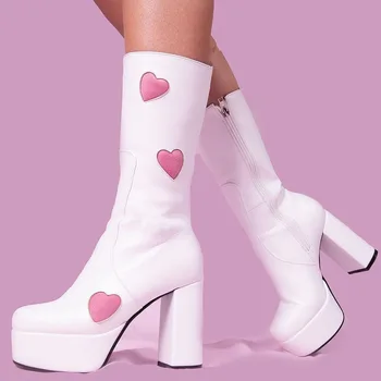 2021 Bayan Botları Kare Topuk Yuvarlak Ayak Zip Kalp Şeklinde Yüksek Platform Moda Bayan Patik Rahat Kadın Ayakkabı Büyük Boy 43