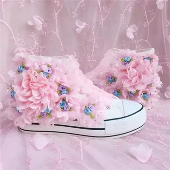 Kalın alt su geçirmez masa çiçekler el yapımı özel kanvas ayakkabılar İlkbahar ve sonbahar dantel dantel-up rahat ayakkabılar kadın 35-40